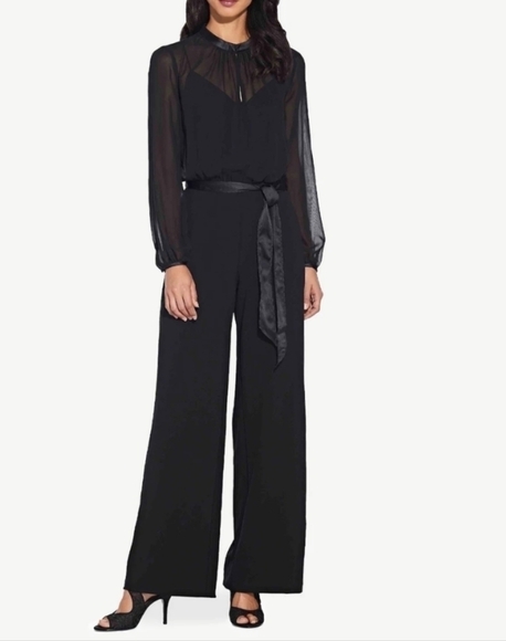 𝅺adrianna Papell Knit Crepe and Chiffon Long Sleeve Jumpsuit - Picture 1 of 17